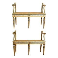 Pair Italian Neoclassical Painted and Parcel Gilt Caned Benches