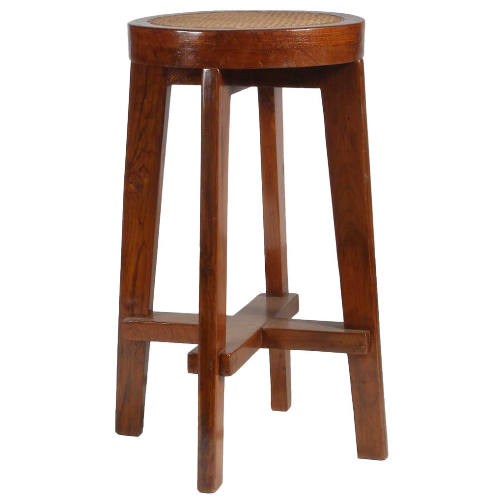 Pierre Jeanneret Caned Teak High Bar Stool from Chandigarh, India For Sale