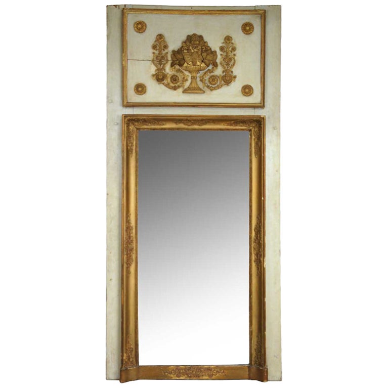 French Louis XVI Style Pine & Gesso Boiserie Trumeau Mirror For Sale