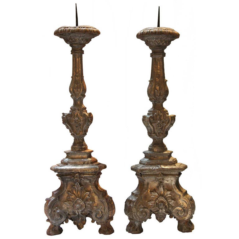 Pair Indo Portuguese Silver Repousse Candlesticks For Sale