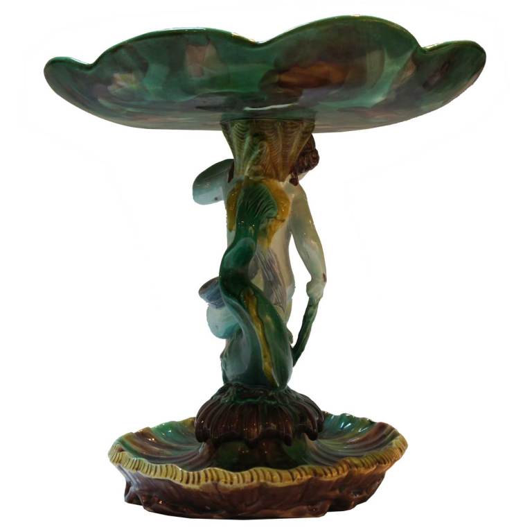 19th Century English Thomas Forester & Sons Majolica Dolphin & Putti Tazza