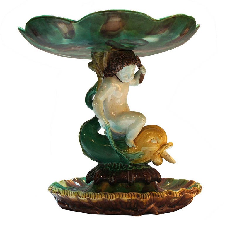 English Thomas Forester & Sons Majolica Dolphin & Putti Tazza