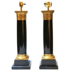 Pair of French Gilt Bronze Black Lacquer Column Form Table Lamps Pair of French Gilt Bronze Black Lacquer Column Form Table Lamps