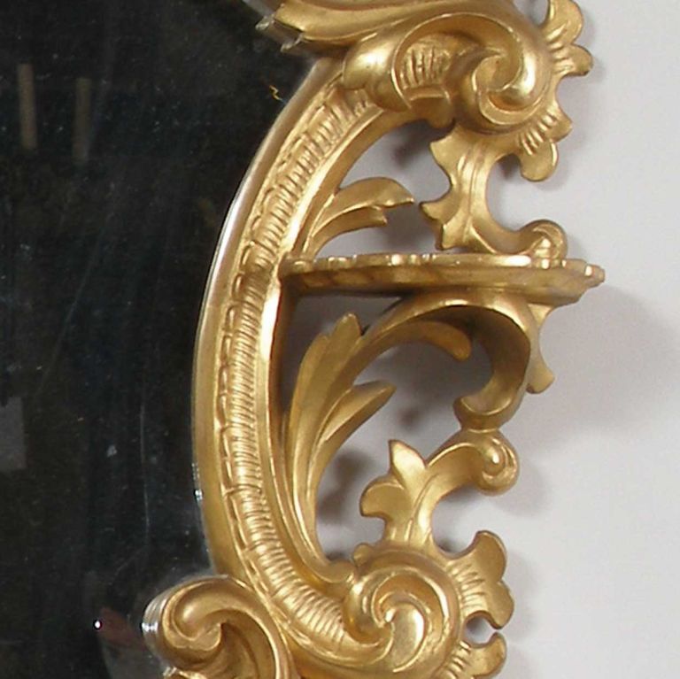 Giltwood Pair of Italian Rococo Revival Gilt Mirrors with Shelves
