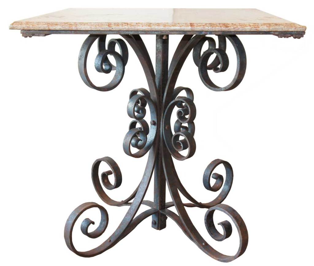 English Victorian Marble Top Wrought Iron Square Pedestal Table