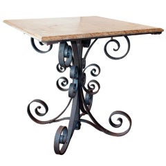 English Victorian Marble Top Wrought Iron Square Pedestal Table