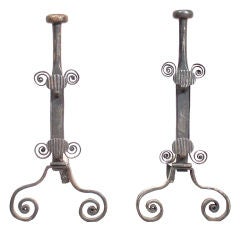 Pair of French Baroque Heavy Wrought Iron Andirons