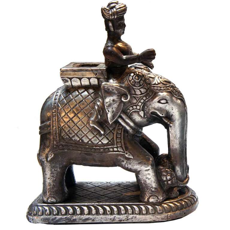 Anglo Raj Pair of Indian Silver Sheet over Teak Elephants and Riders For Sale