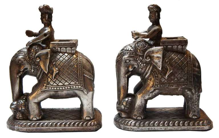 19th Century Pair of Indian Silver Sheet over Teak Elephants and Riders For Sale