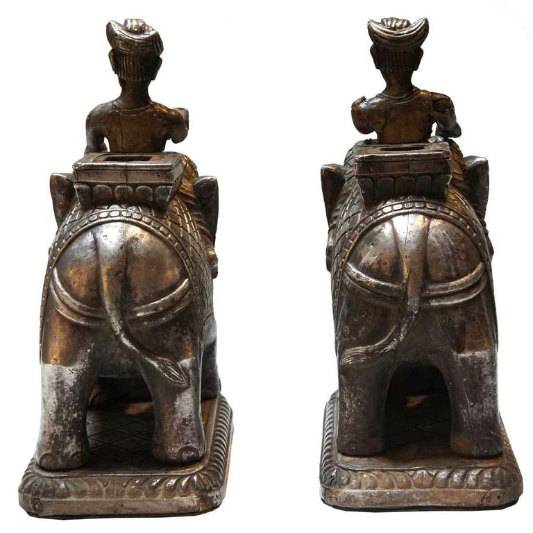 Pair of Indian Silver Sheet over Teak Elephants and Riders For Sale 1