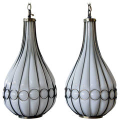 Pair of American Mid-Century Modern Brass and Glass Onion Form Pendant Lights