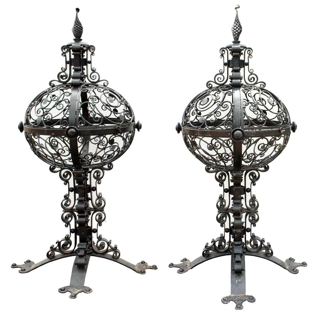 Pair of Large American Wrought Iron Gate Post Finials/Lanterns For Sale
