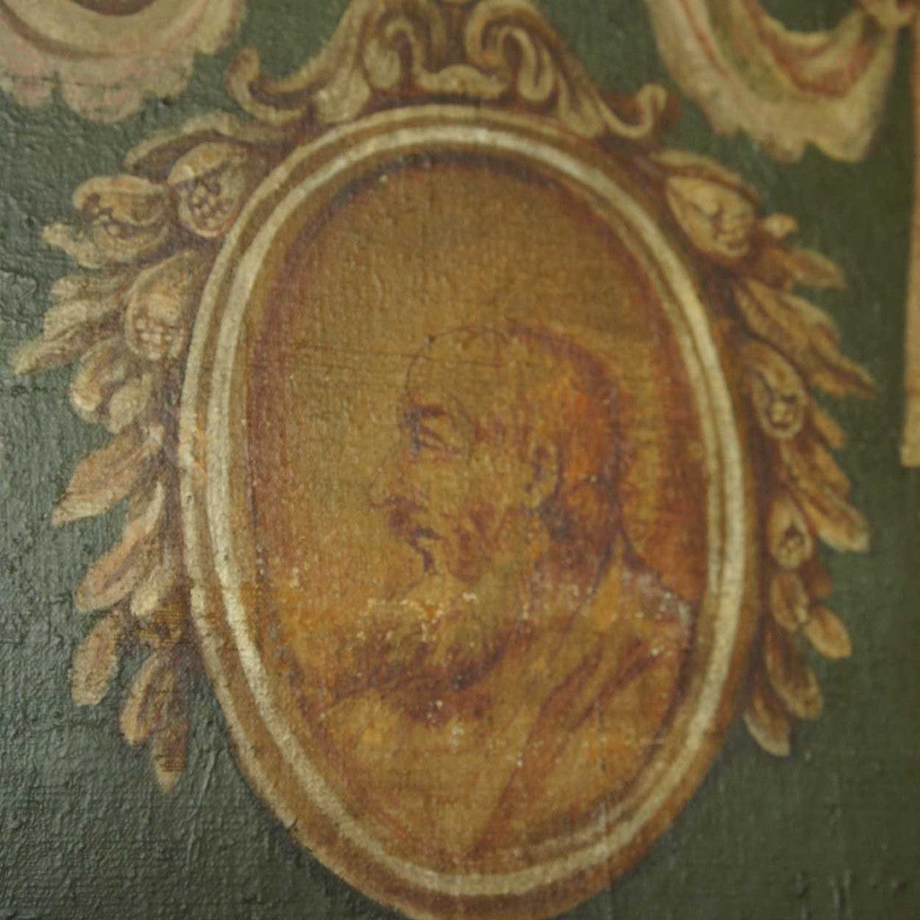 Four panel painted screen with oval reserves of classical portraits.
