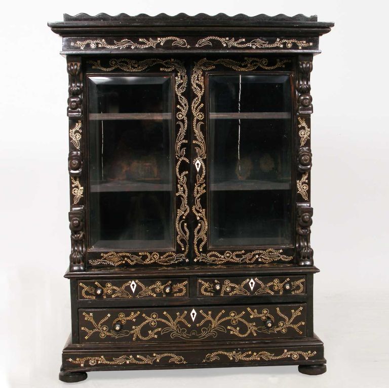 Rare Anglo Indian Monghyr Ivory Inlaid Ebony Miniature Cabinet For Sale 1