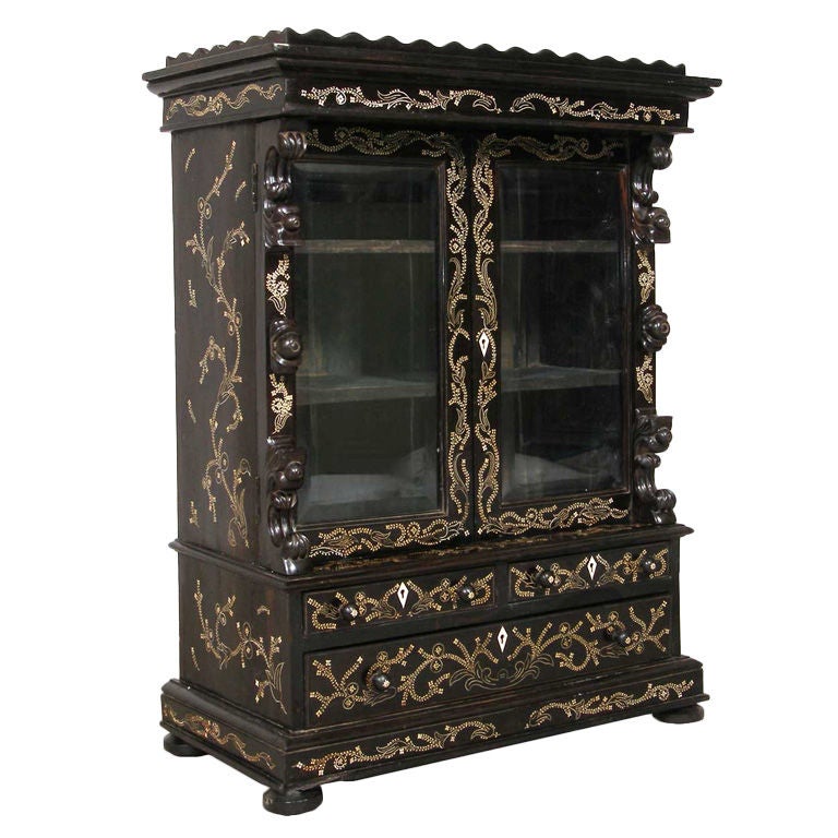Rare Anglo Indian Monghyr Ivory Inlaid Ebony Miniature Cabinet For Sale