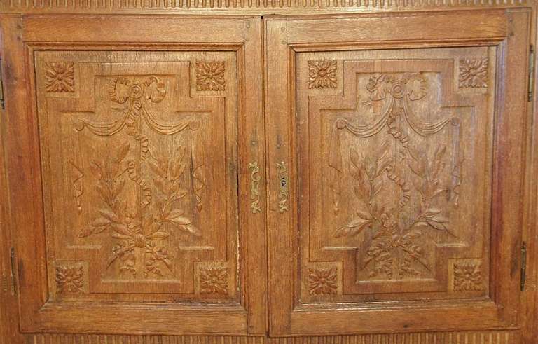 French Provincial Louis XVI Oak Glazed Door Step-Back Cupboard 1