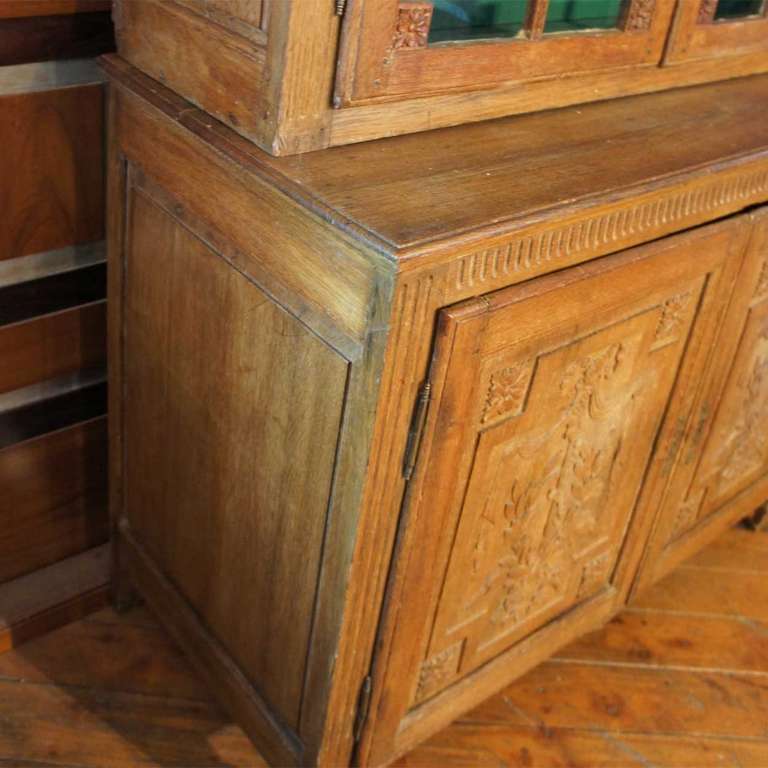 French Provincial Louis XVI Oak Glazed Door Step-Back Cupboard 3