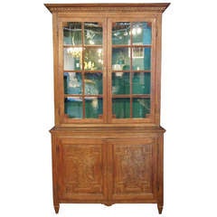 French Provincial Louis XVI Oak Glazed Door Step-Back Cupboard