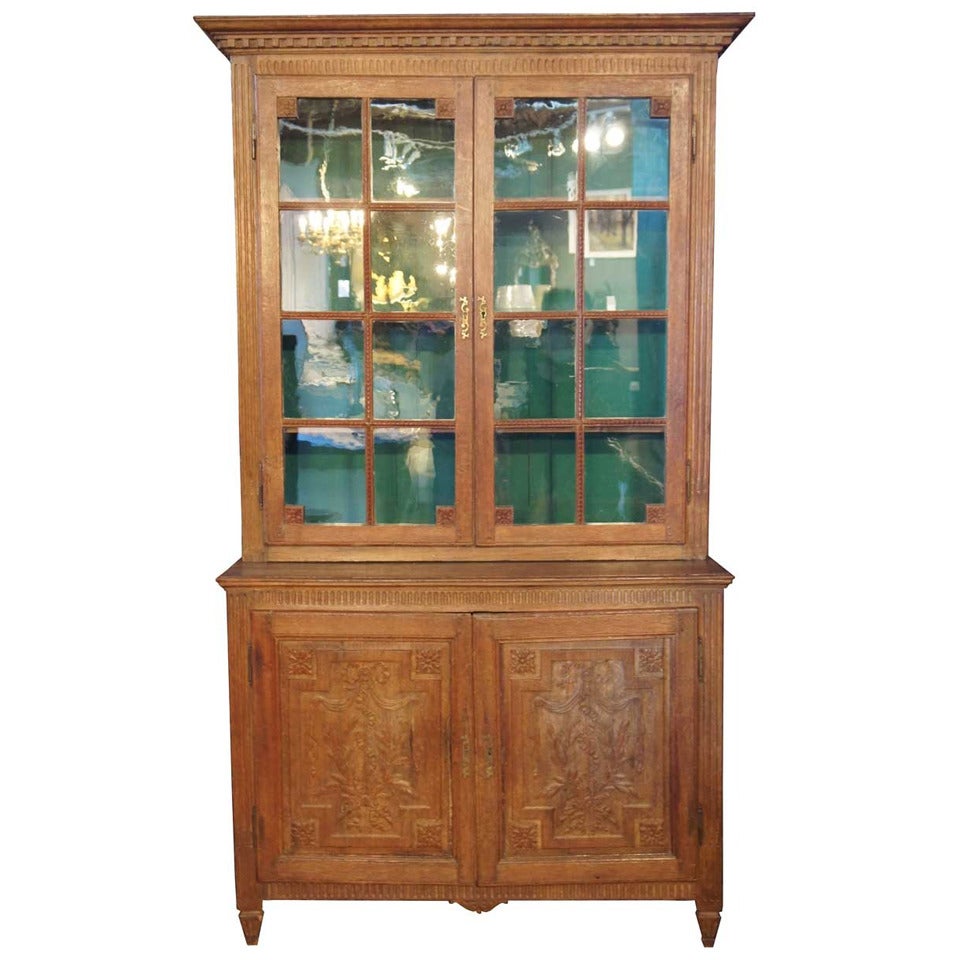 French Provincial Louis XVI Oak Glazed Door Step-Back Cupboard