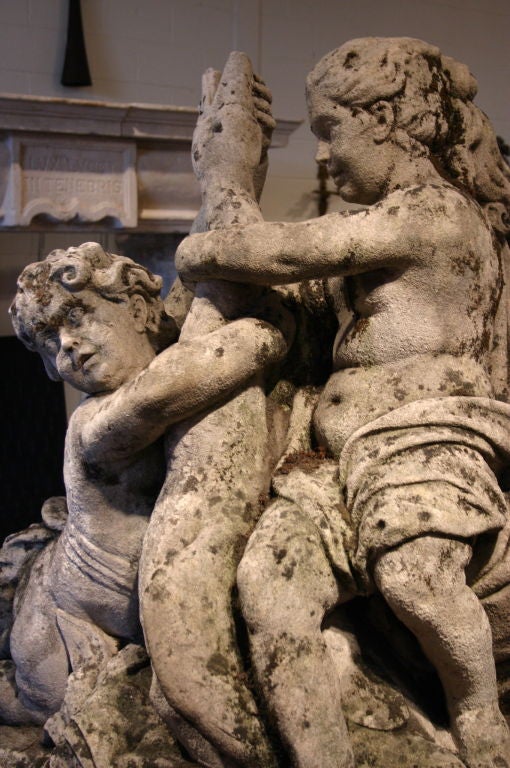 French Neoclassical Limestone Grouping, Two Children and a Goose 3