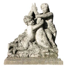 French Neoclassical Limestone Grouping, Two Children and a Goose