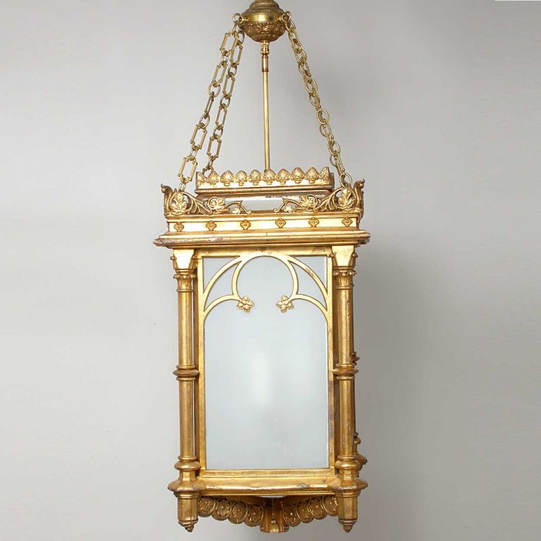 19th Century English Gothic Revival Gilt Cast Zinc Hanging  Hall Lantern For Sale