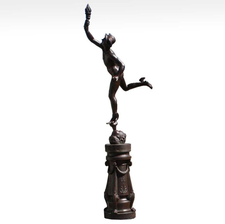 Foundry: Val d'Osne (Haute-Marne, France, 1836-1987)<br />
Derived from Giambologna’s famous Medici Mercury of 1580. Rarely found on its original base, this figure is amazingly intact. Expertly cast, it is an elegant depiction of Mercury being