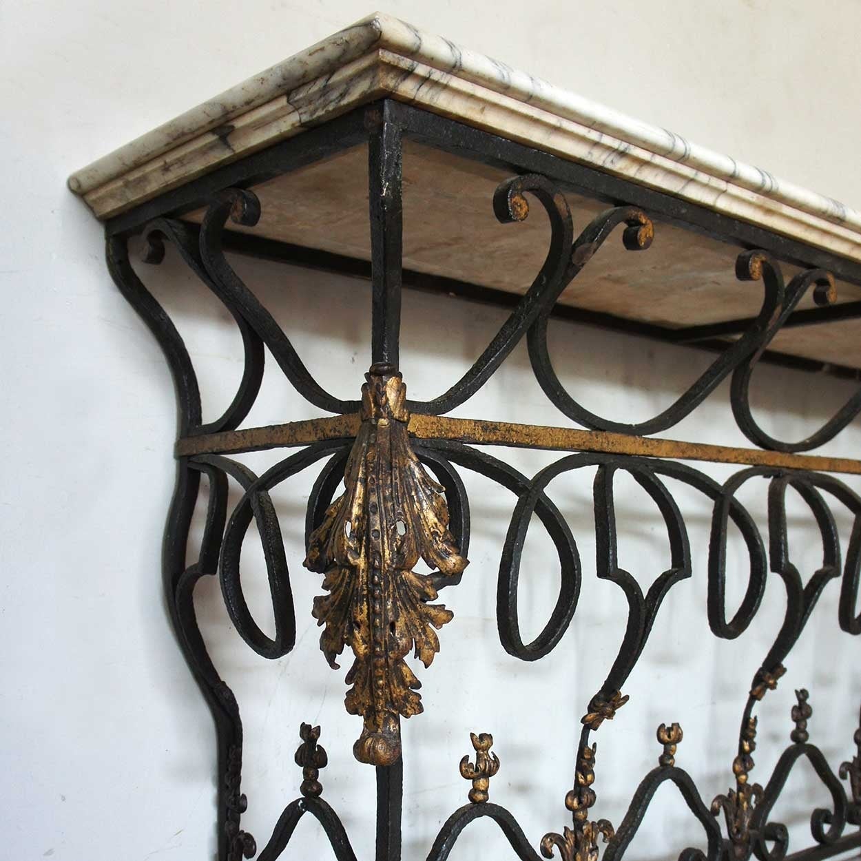 Late 19th Century French Marble Top Wrought Iron Balcony as a Console Table For Sale