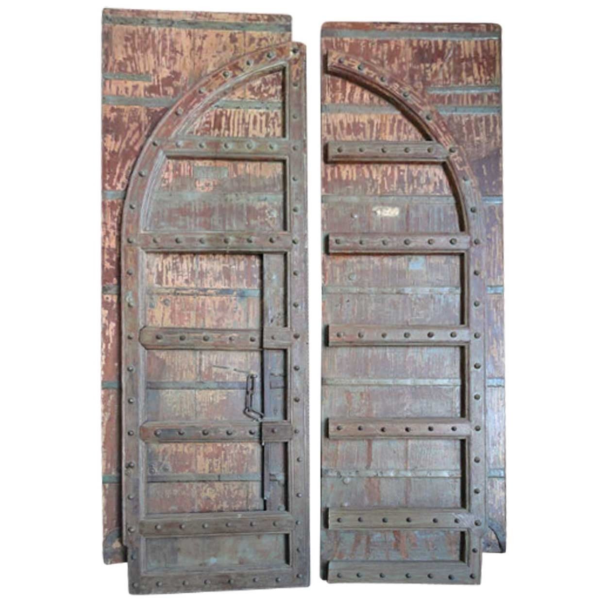 Indo-Portuguese Painted Iron Mounted 'Clavos' Teak Double Door For Sale