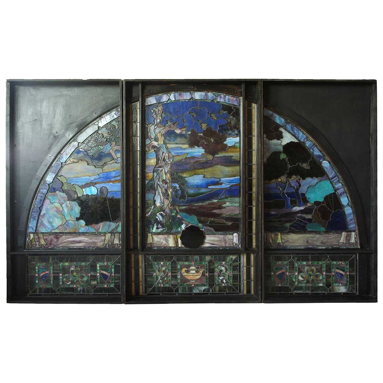 American Duffner and Kimberly Stained and Leaded Glass Sunset Triptych Window For Sale