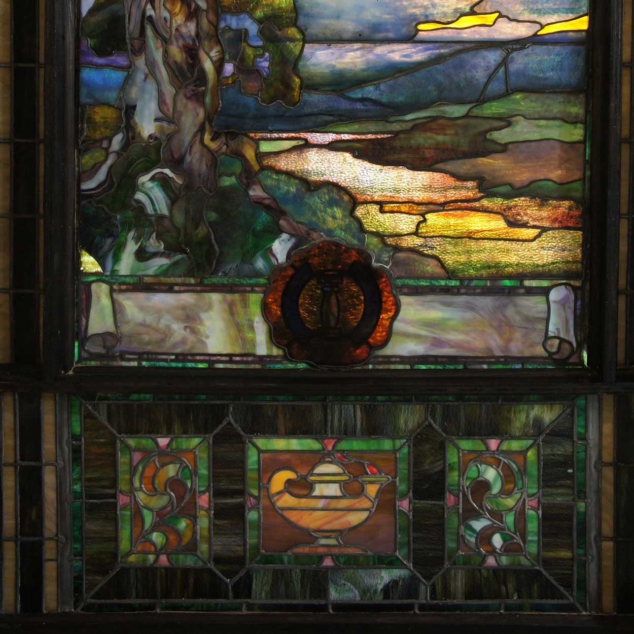 American Duffner and Kimberly Stained and Leaded Glass Sunset Triptych Window For Sale 2