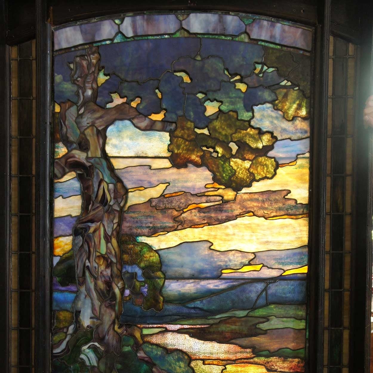American Duffner and Kimberly Stained and Leaded Glass Sunset Triptych Window For Sale 3