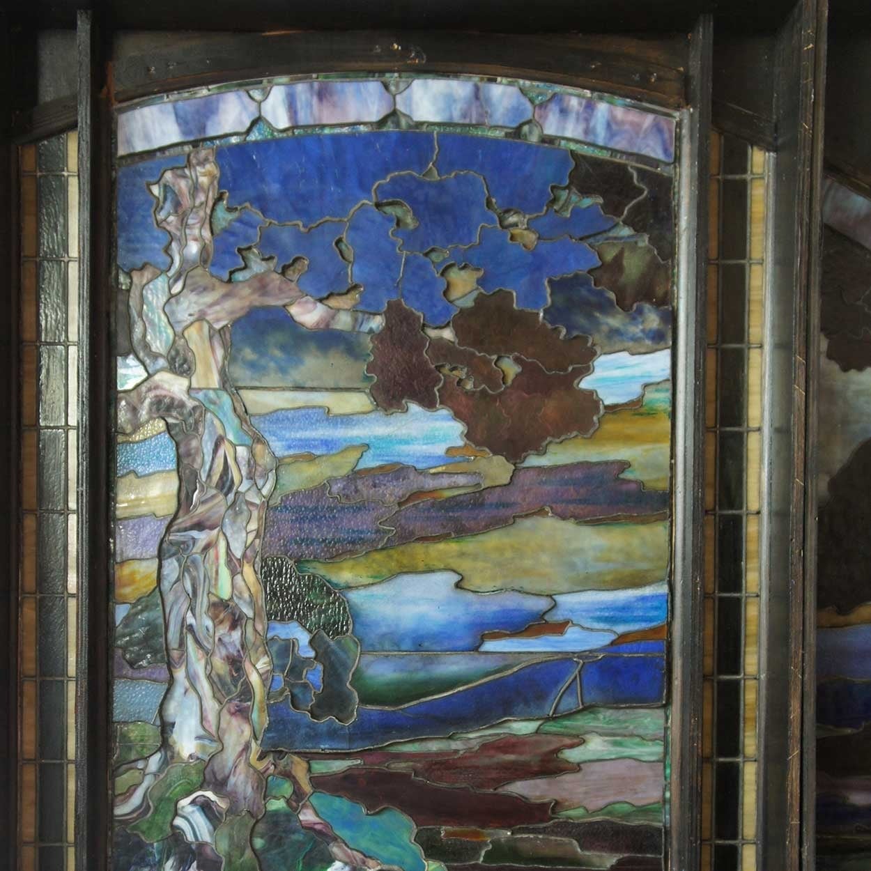 Early 20th Century American Duffner and Kimberly Stained and Leaded Glass Sunset Triptych Window For Sale