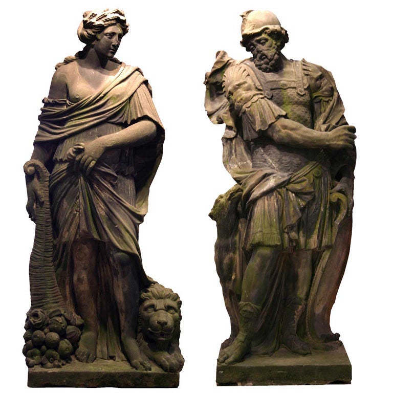 Pair Low Countries Baroque Gritstone Statues of Mars and Ceres