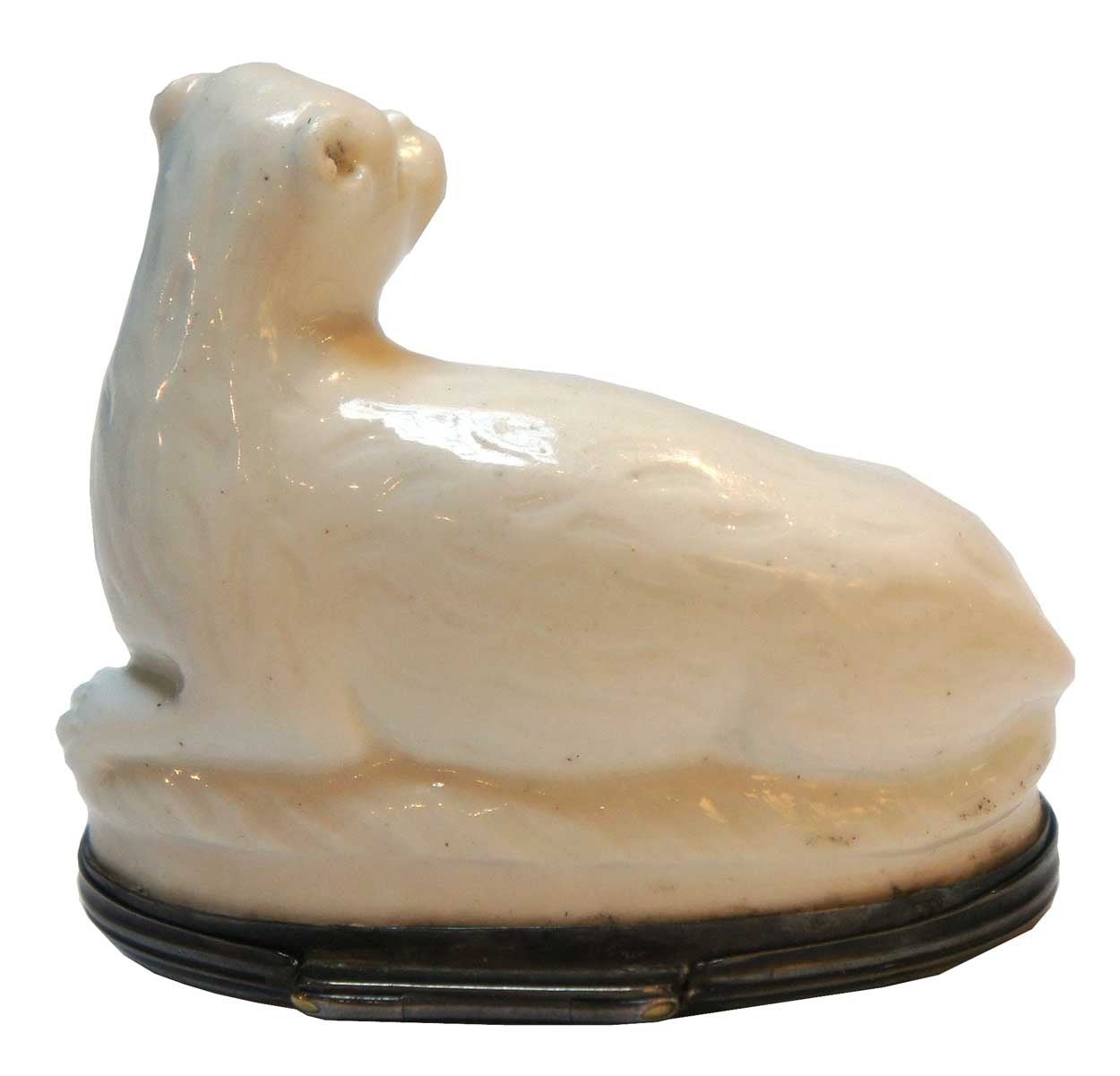Attributed to Mennecy (France, circa 1730-1806).
An antique, soft paste porcelain pug dog form bonbonnière all in white. This form of box was used for the storage of sweets to perfume the breath in the 18th century. This example has an oval base