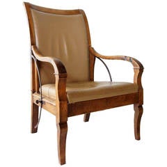 French Restoration Period Pale Walnut Leather Upholstered Reclining Armchair