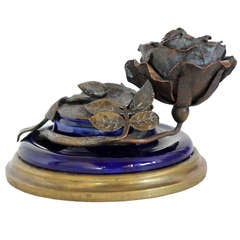 French Napoleon III Bronze Mounted Bee and Cobalt Porcelain Inkwell
