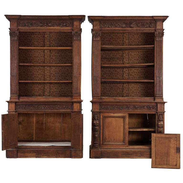 Pair of Italian Renaissance Revival Walnut Bookcases For Sale 2