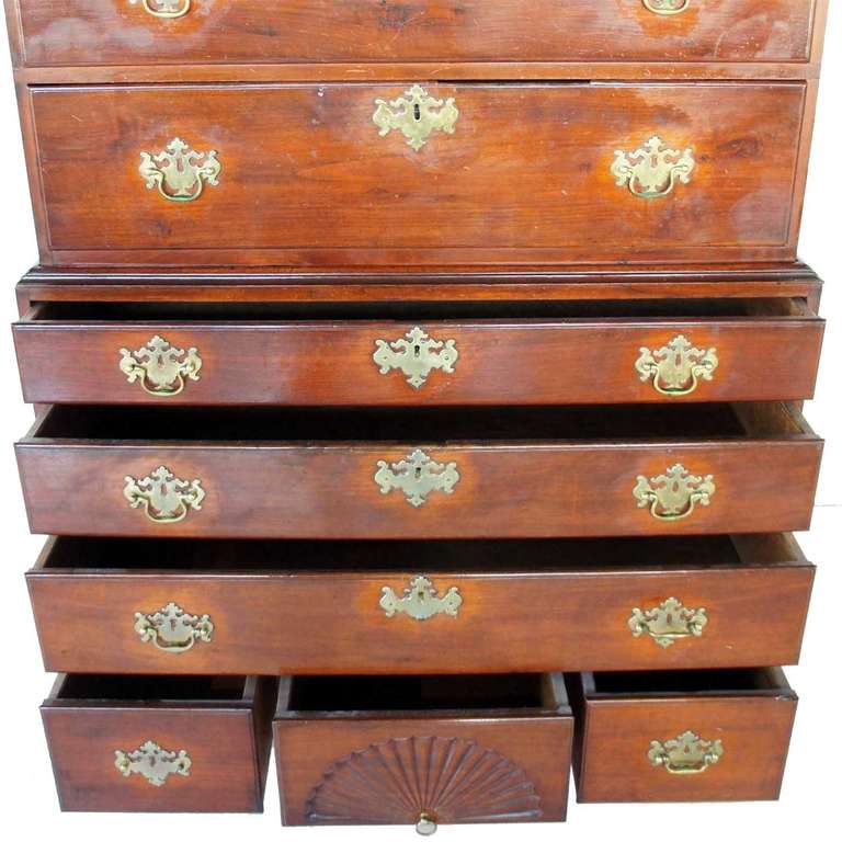 American Chippendale Walnut Bonnet Top Chest on Chest For Sale 2