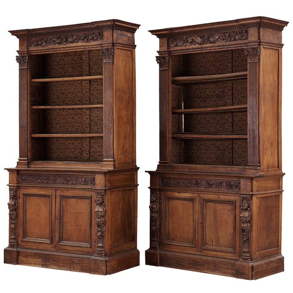 Pair of Italian Renaissance Revival Walnut Bookcases For Sale