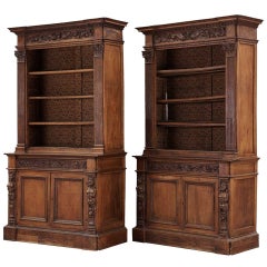 Pair of Italian Renaissance Revival Walnut Bookcases