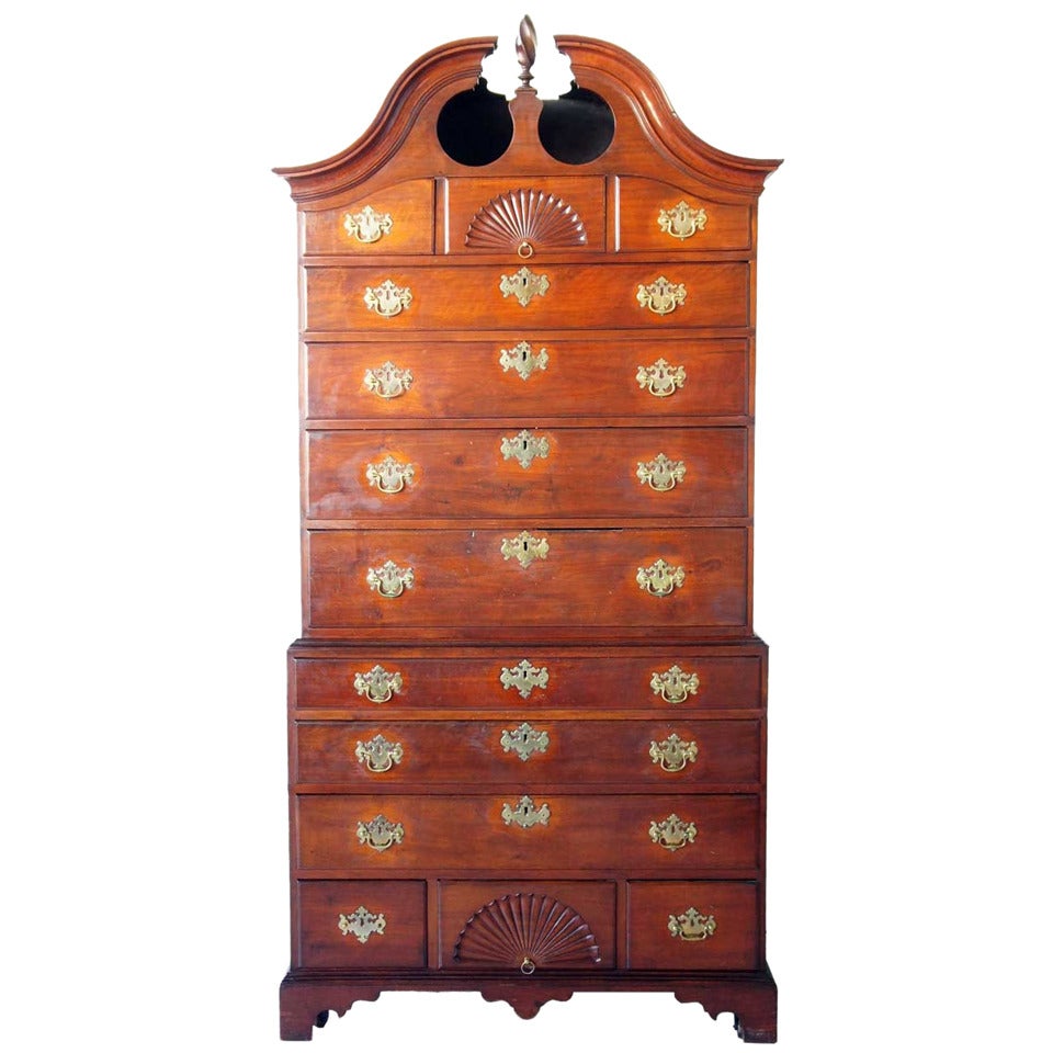 American Chippendale Walnut Bonnet Top Chest on Chest For Sale