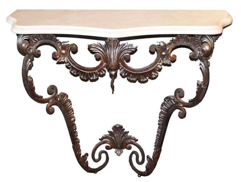 Rococo Revival Pair of Italian Rococo Style Polished Steel Limestone Top Consoles For Sale