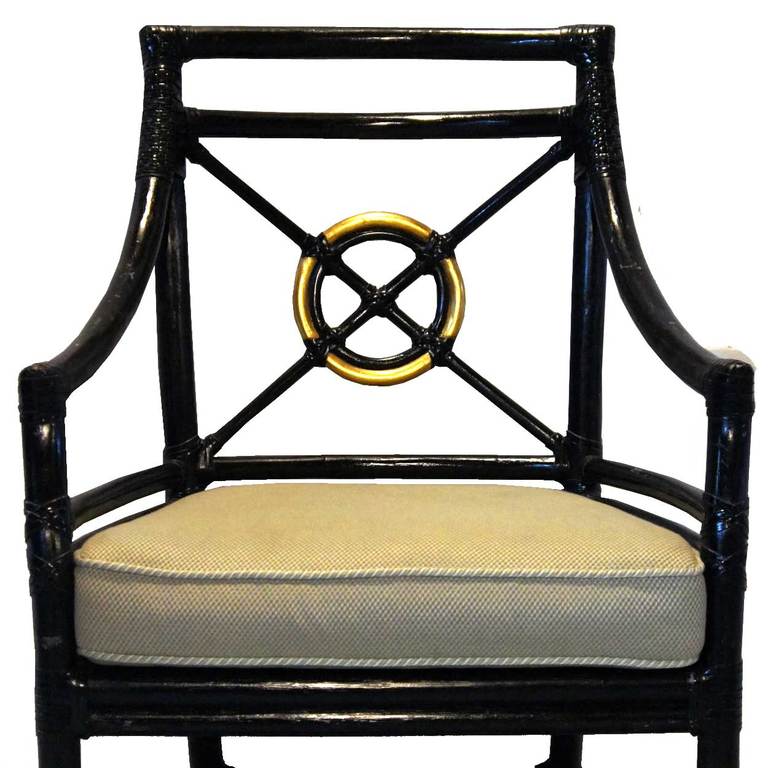 Set of 8 American McGuire Black Rattan Target Dining Chairs In Good Condition In Denver, CO