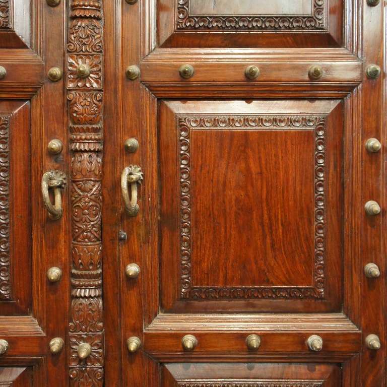 Large Raj Period Brass Nailhead Solid Rosewood Double Door In Excellent Condition For Sale In Denver, CO