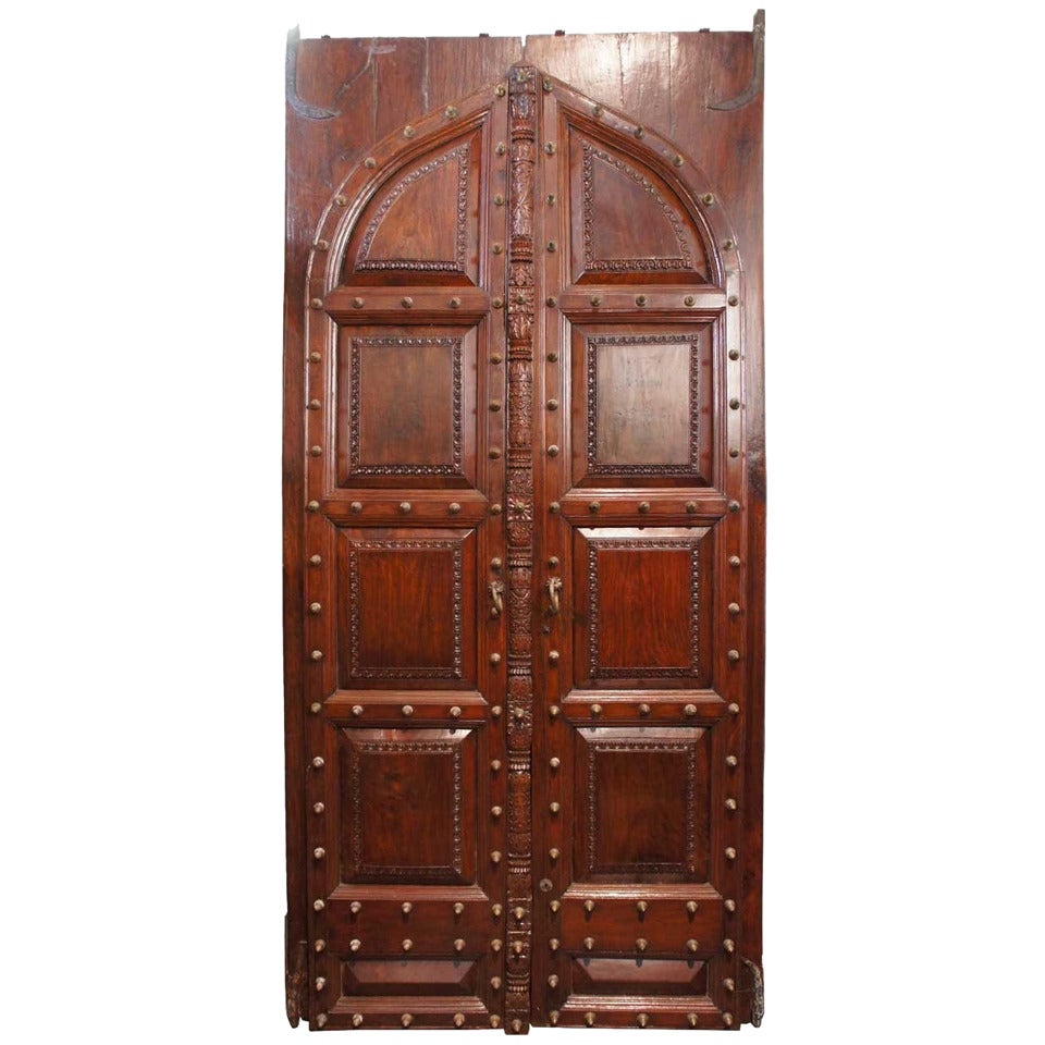 Large Raj Period Brass Nailhead Solid Rosewood Double Door For Sale