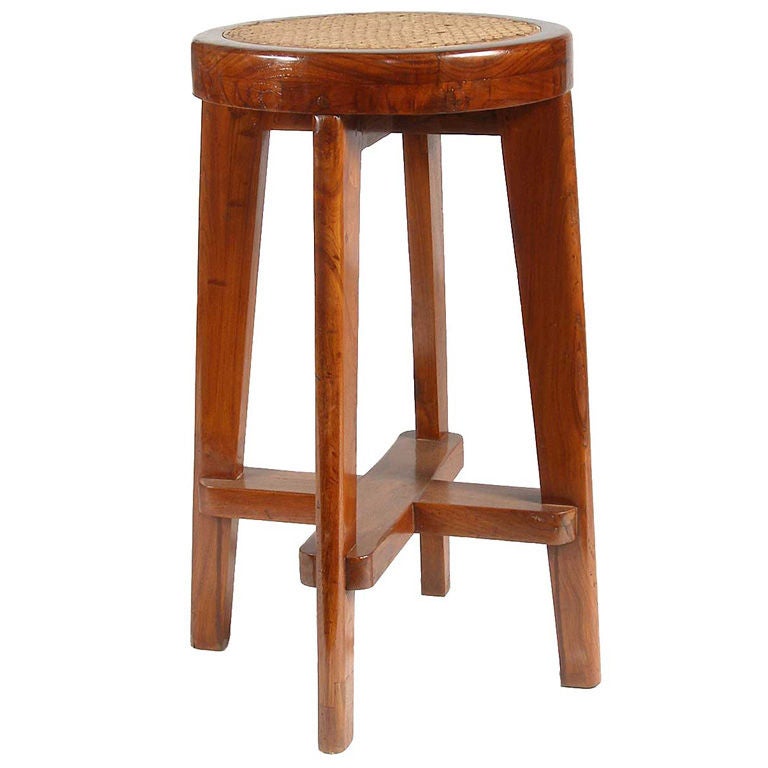 Pierre Jeanneret Caned Teak High Bar Stool (Chandigarh, India)