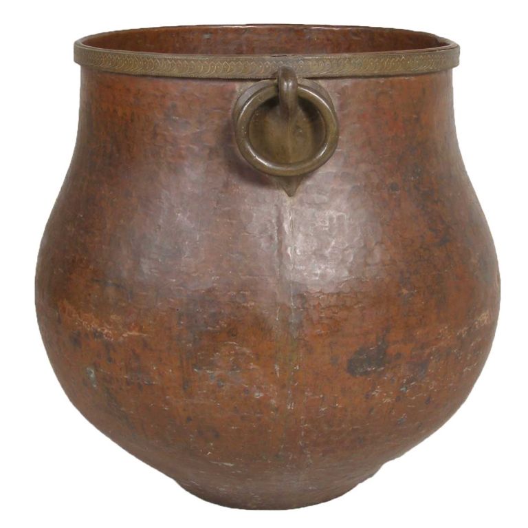 With a heavy, chased rim with large, heavy ring handles all above a bulbous, hand hammered body. These traditional water storage pots make impressive planters or decorative vessels.