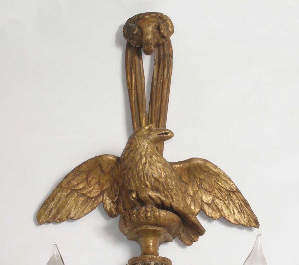 Pair American Federal Style Gilt Eagle Two-Arm Sconces In Good Condition For Sale In Denver, CO