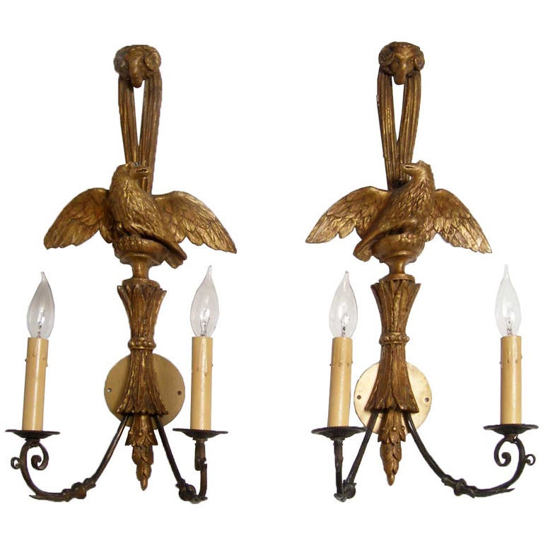 Pair American Federal Style Gilt Eagle Two-Arm Sconces For Sale